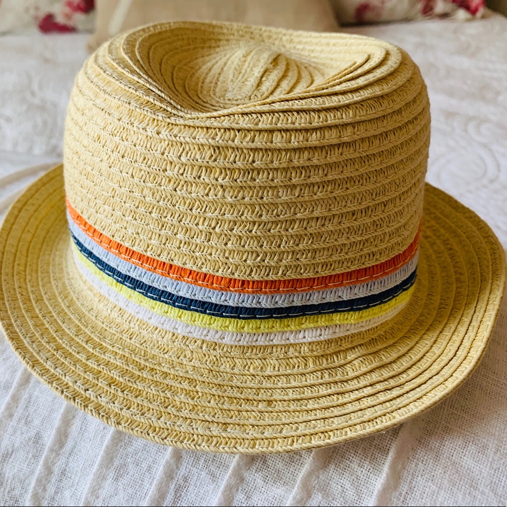 Yellow Straw Kids Fedora with Multicolor Stripe Band